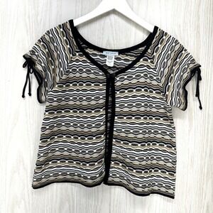 Wet Paint Cardigan Sweater Womens Size L Black Tan Short Sleeve Top Button Front